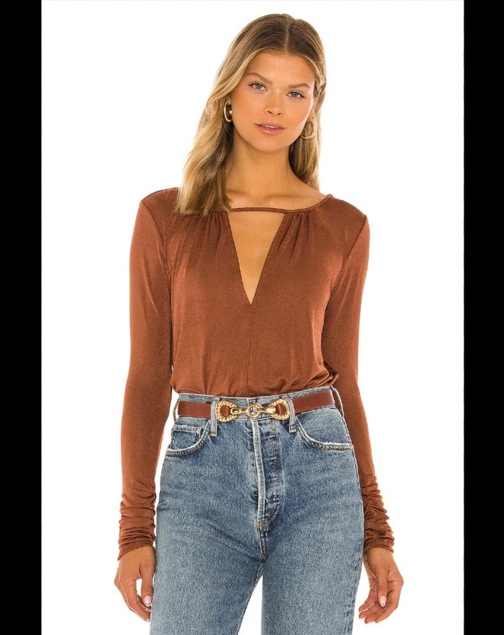 FREE PEOPLE Intimately Kaya Keyhole Thong Bodysuit Mesa Brown Slinky Ruched L